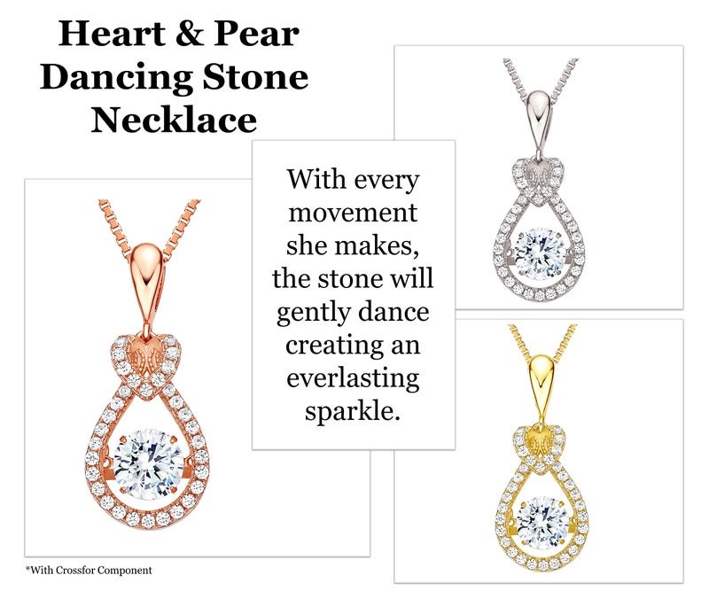 Central Diamond Center Heart & Pear Dancing Gemstone Necklace 925 Sterling Silver & Pure Brilliance Zirconia, Yellow Gold Plated - Image 3